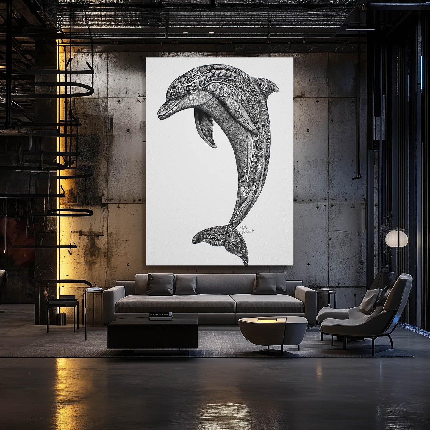 Zen Doodle Dolphin Wall Art – styled in a furnished interior