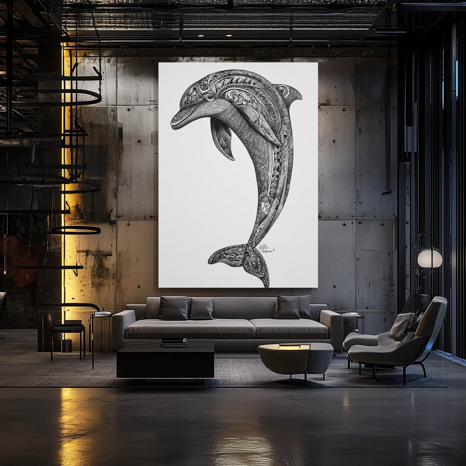 Zen Doodle Dolphin Wall Art – styled in a furnished interior