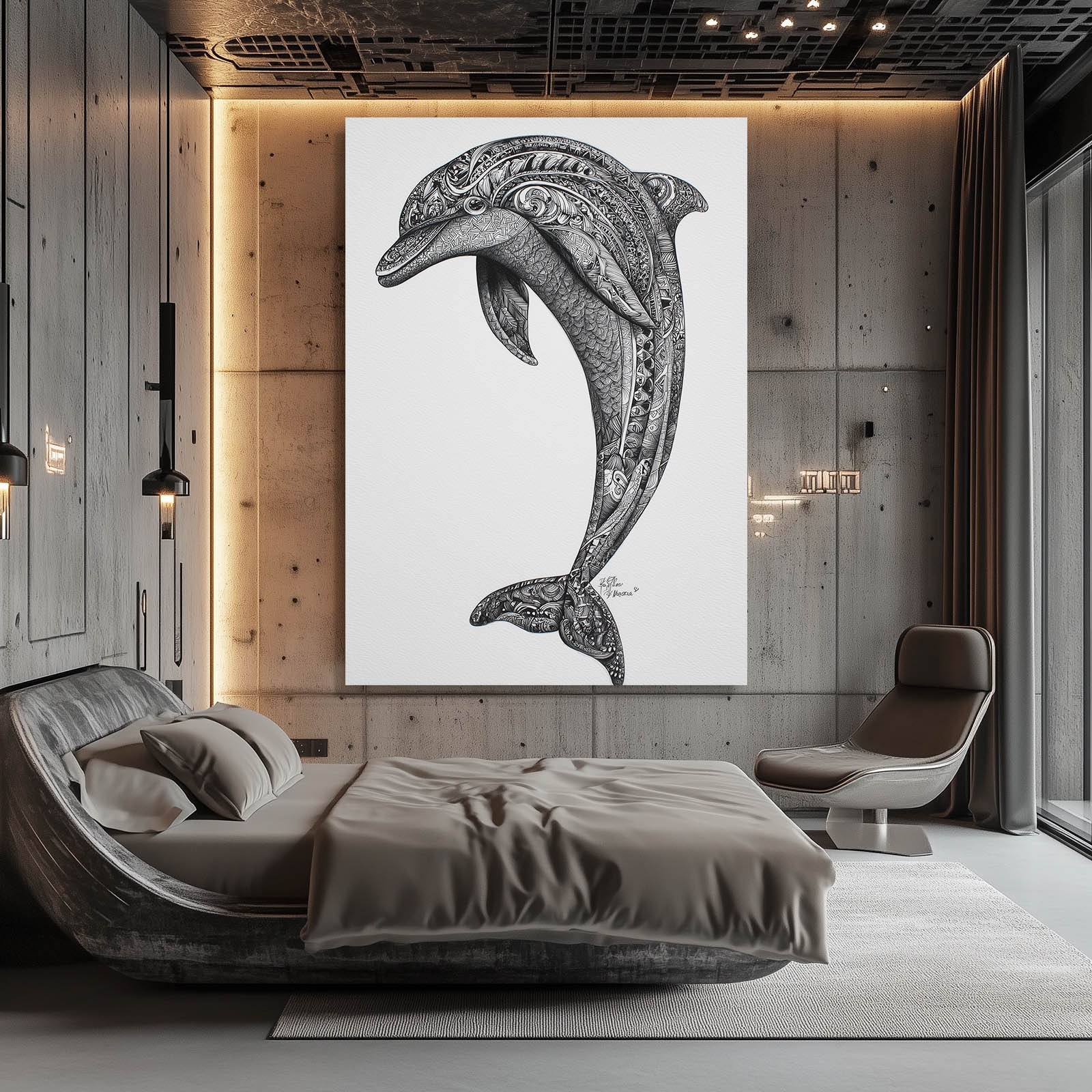 Zen Doodle Dolphin Wall Art – styled in a furnished interior