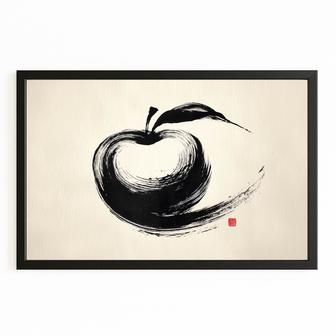 Zen Ink Stroke Apple Canvas Art – with Premium Black frame on white background