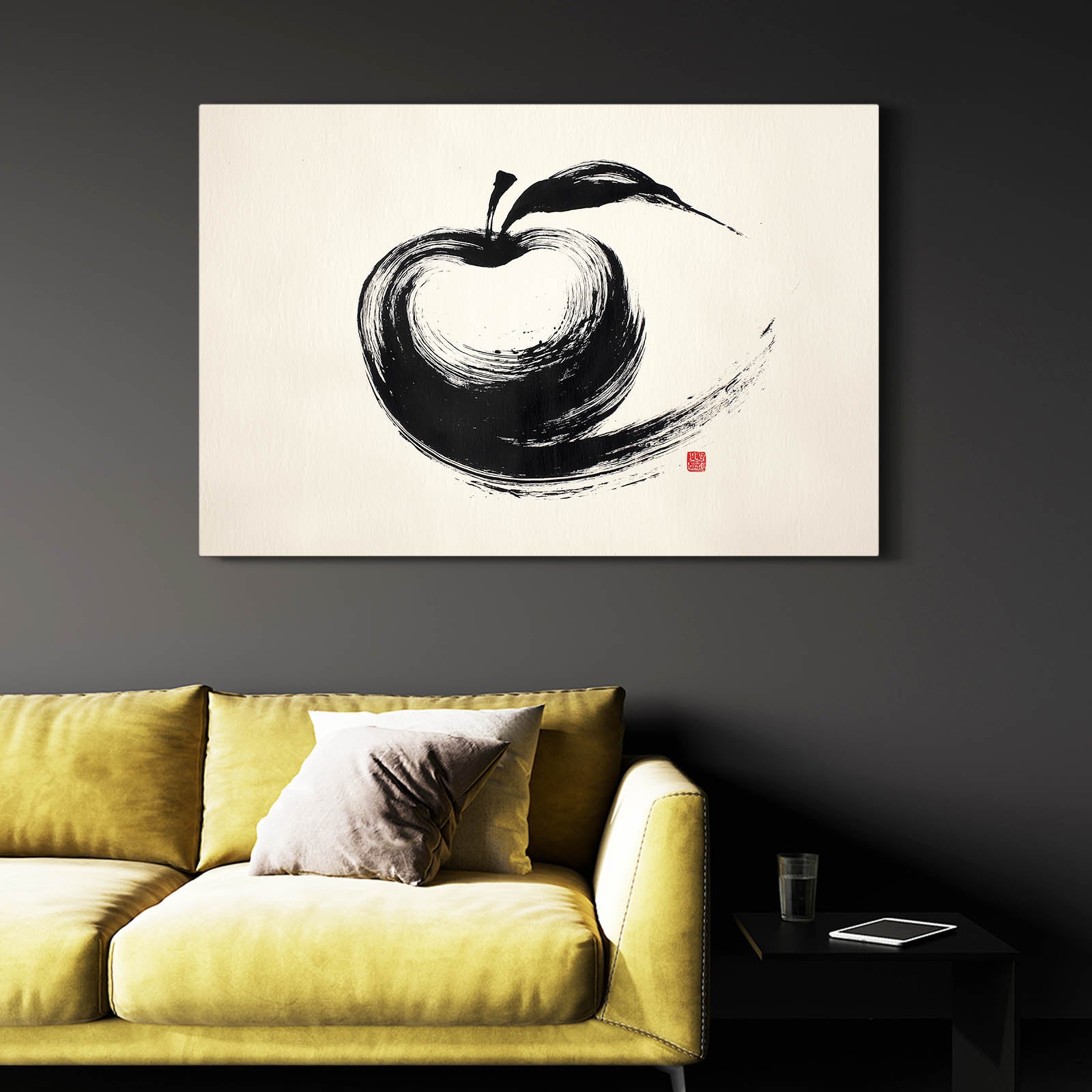Zen Ink Stroke Apple Canvas Art – styled in a furnished interior