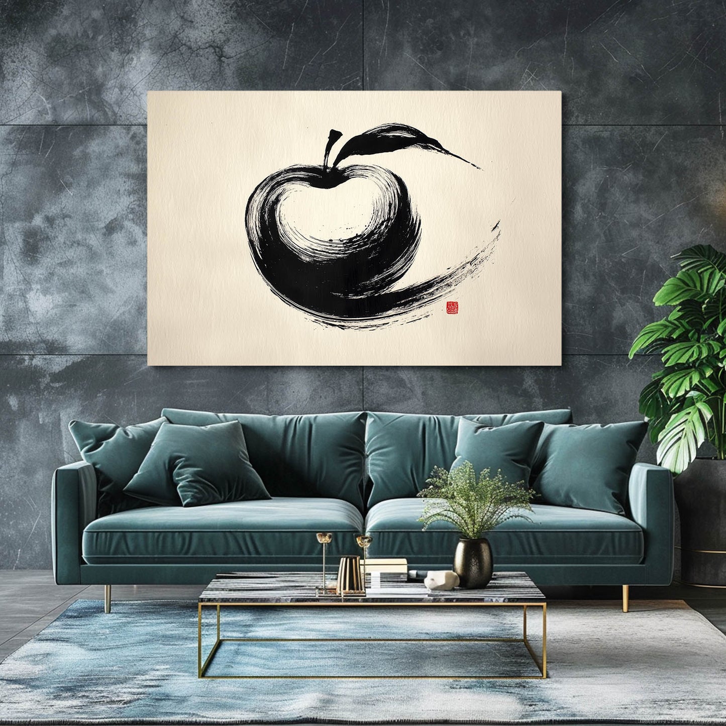 Zen Ink Stroke Apple Canvas Art – styled in a furnished interior
