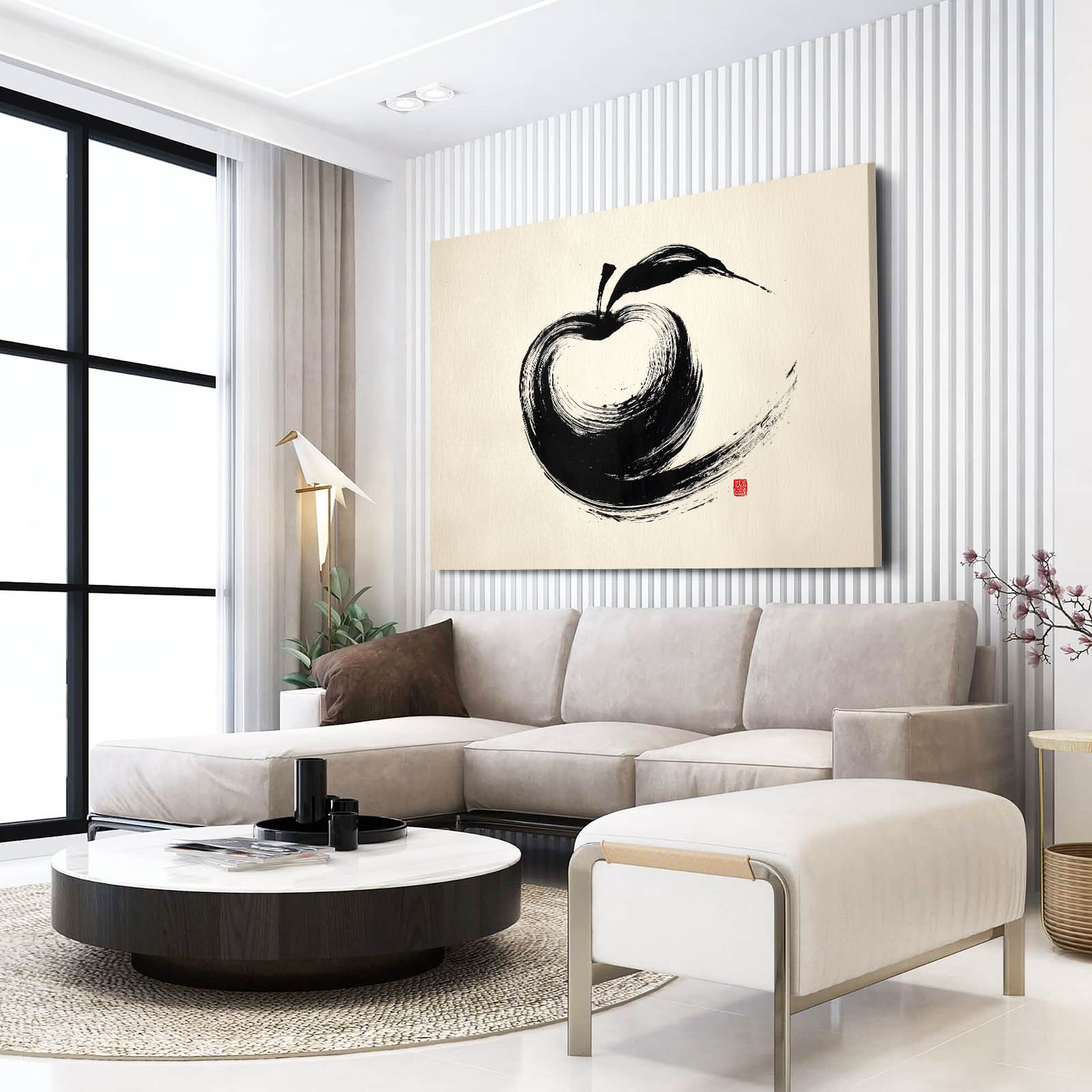 Zen Ink Stroke Apple Canvas Art – styled in a furnished interior