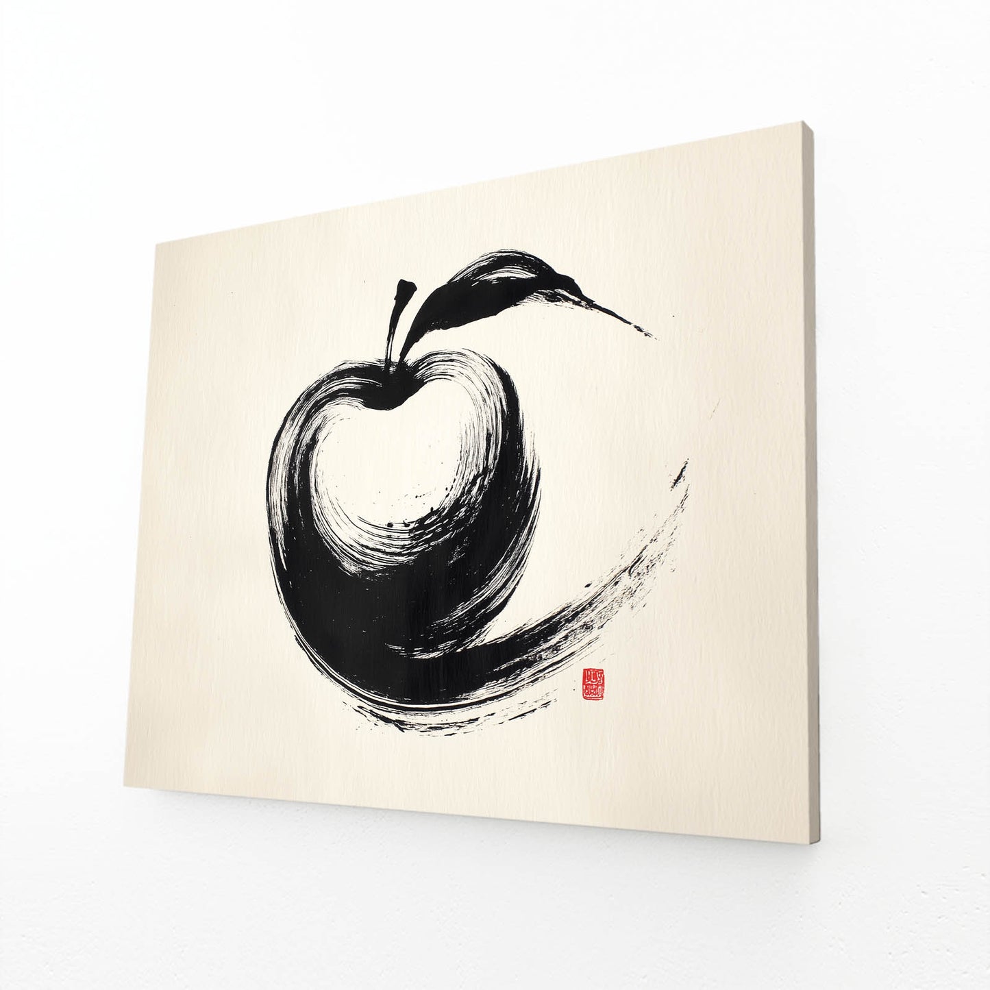 Zen Ink Stroke Apple Canvas Art – angled canvas view on white background
