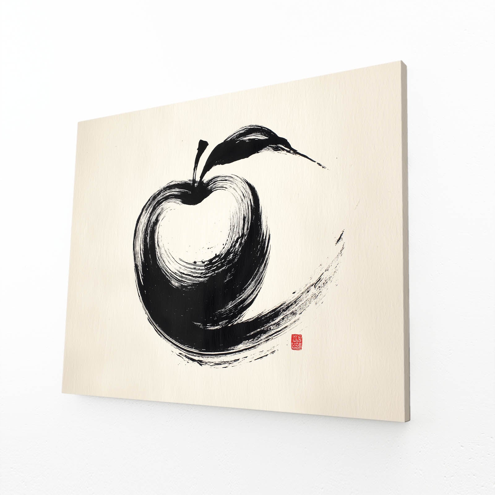Zen Ink Stroke Apple Canvas Art – angled canvas view on white background