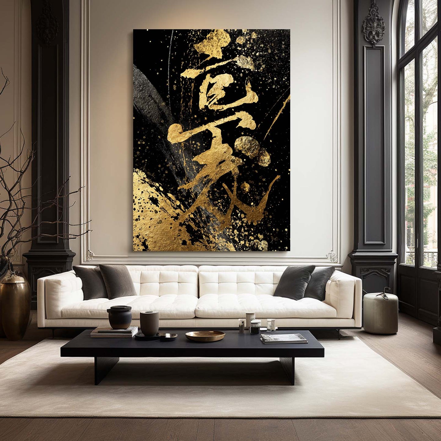Zen Kanji Scroll Gold Canvas – styled in a furnished interior