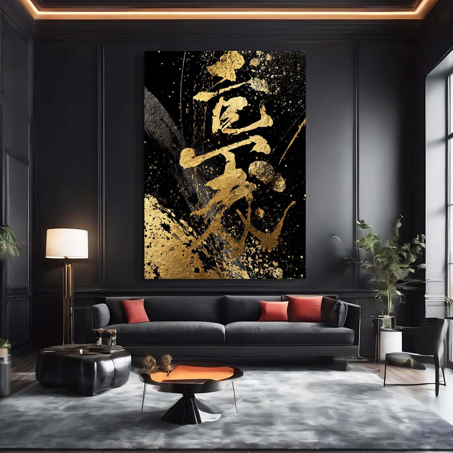 Zen Kanji Scroll Gold Canvas – styled in a furnished interior