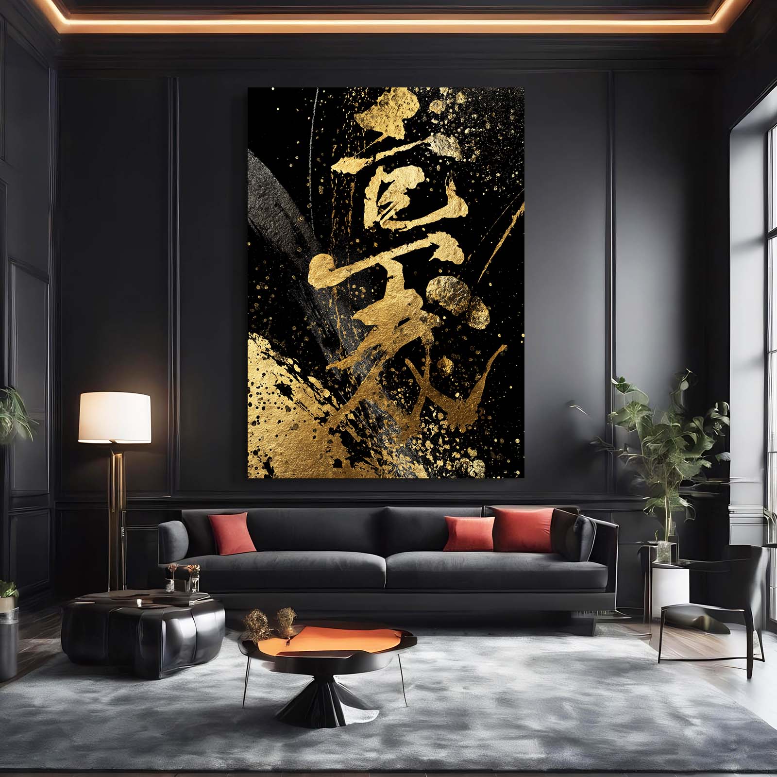 Zen Kanji Scroll Gold Canvas – styled in a furnished interior