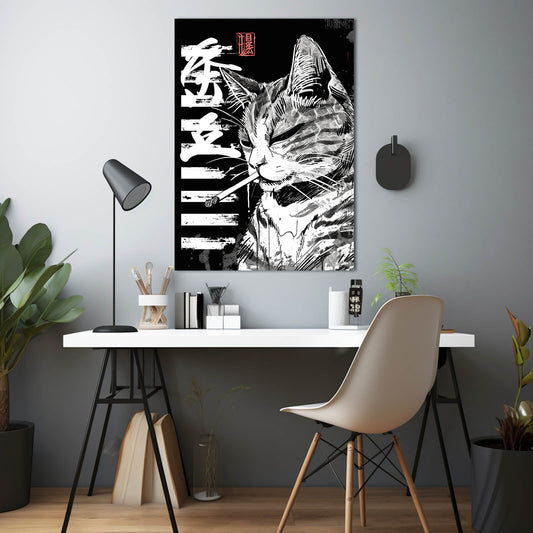Zen Rebel Cat Wall Art — black and white canvas print in white tones, view 3