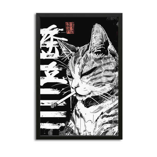 Zen Rebel Cat Wall Art — black and white canvas print in white tones, with Premium Black frame on white background