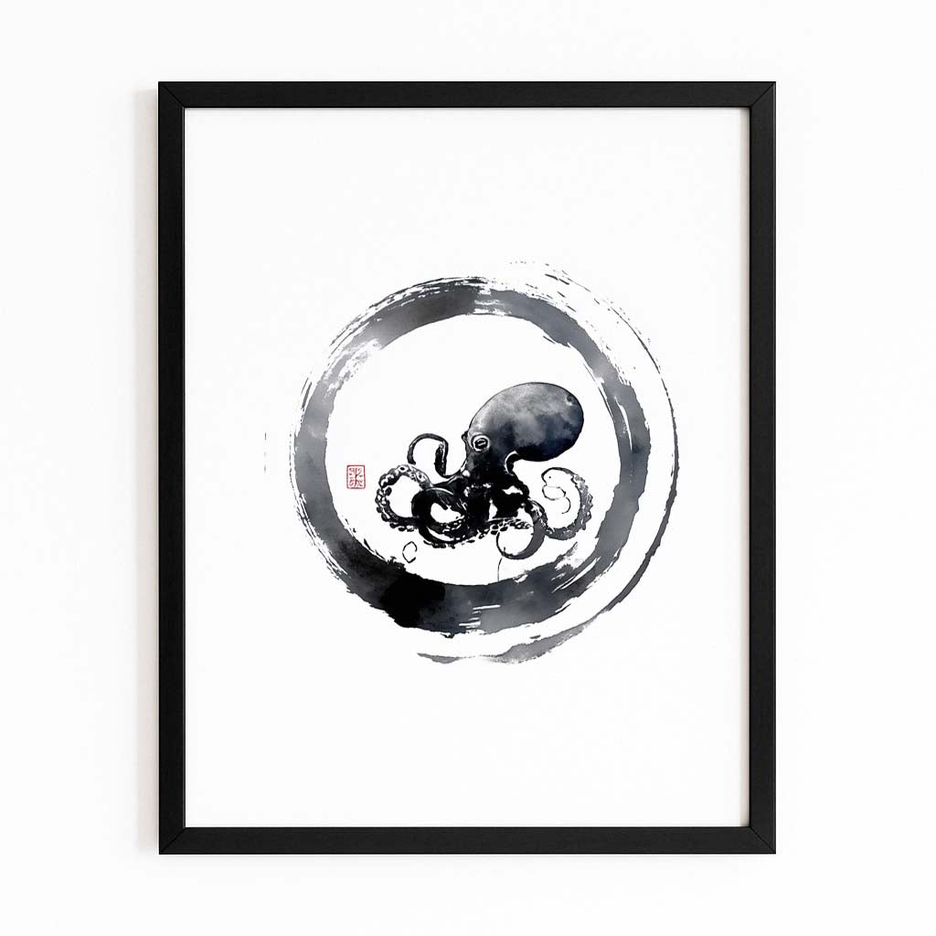 Zen Ring Sketch Octopus Wall Art – with Premium Black frame on white background