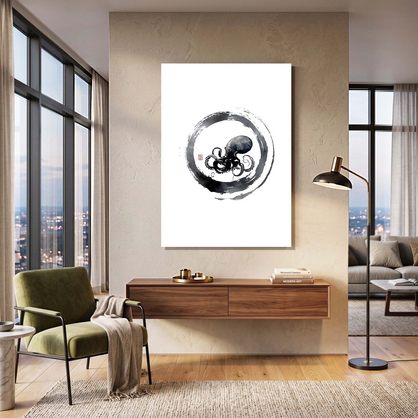 Zen Ring Sketch Octopus Wall Art – styled in a furnished interior