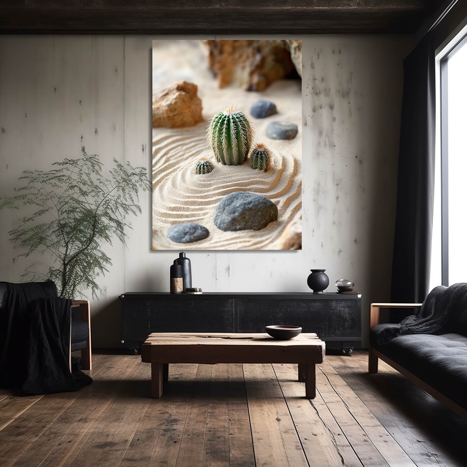 Zen Sand Garden Cactus Art – styled in a furnished interior