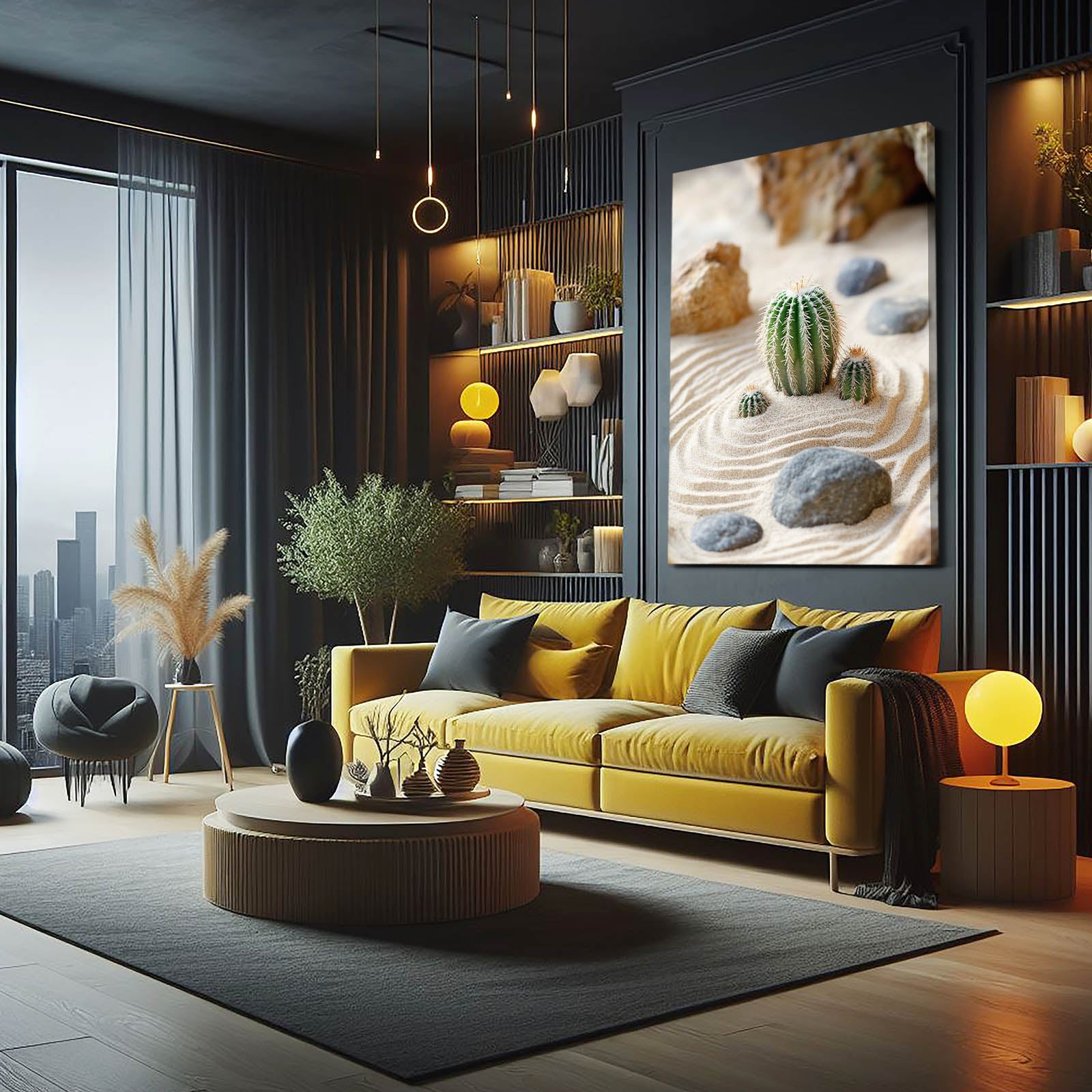 Zen Sand Garden Cactus Art – styled in a furnished interior
