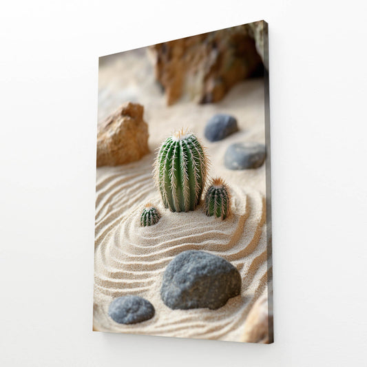 Zen Sand Garden Cactus Art – angled canvas view on white background