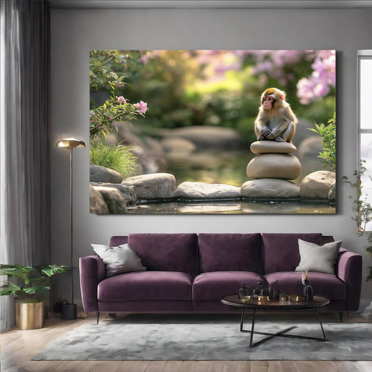 Zen Stone Balance Monkey Wall Art – styled in a furnished interior