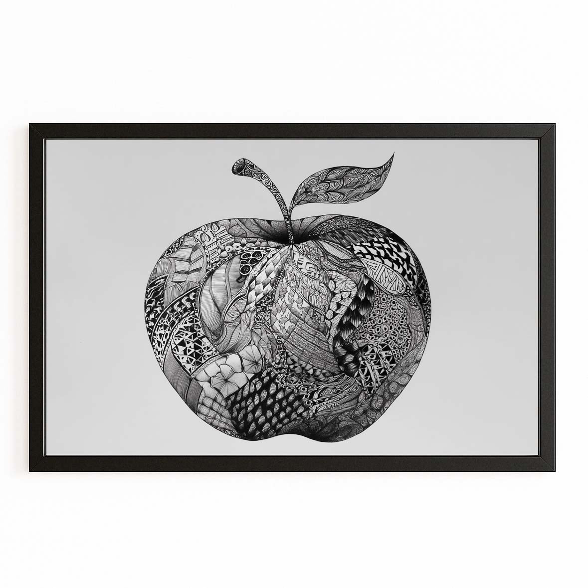 Zentangle Detail Apple Wall Art – with Premium Black frame on white background
