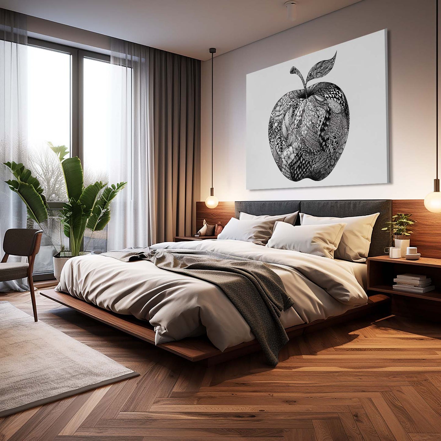 Zentangle Detail Apple Wall Art – styled in a furnished interior