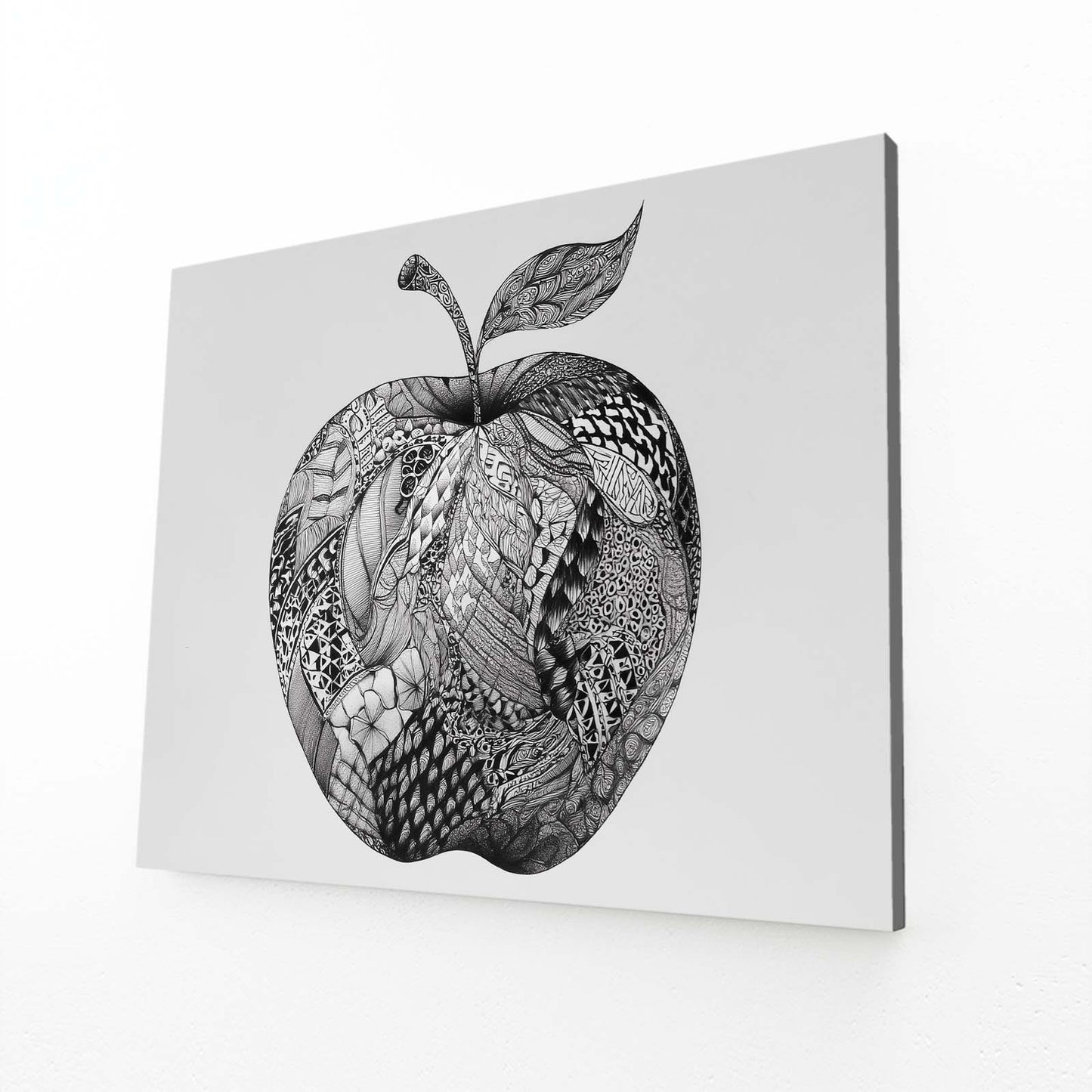 Zentangle Detail Apple Wall Art – angled canvas view on white background