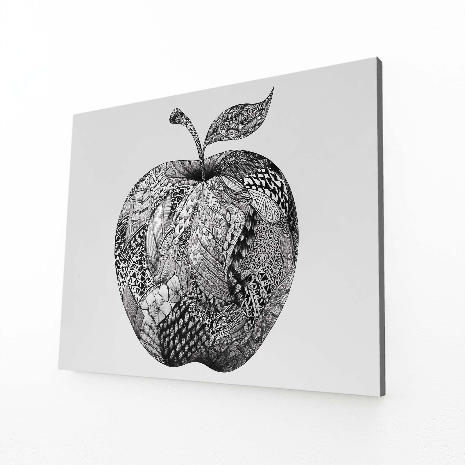 Zentangle Detail Apple Wall Art – angled canvas view on white background