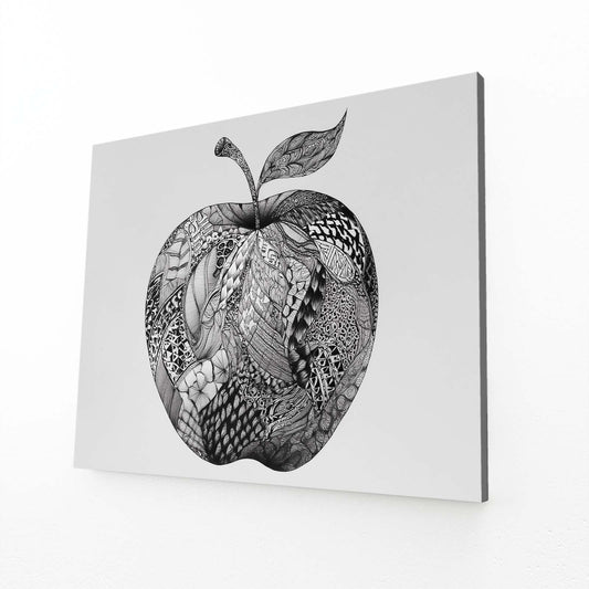 Zentangle Detail Apple Wall Art – angled canvas view on white background