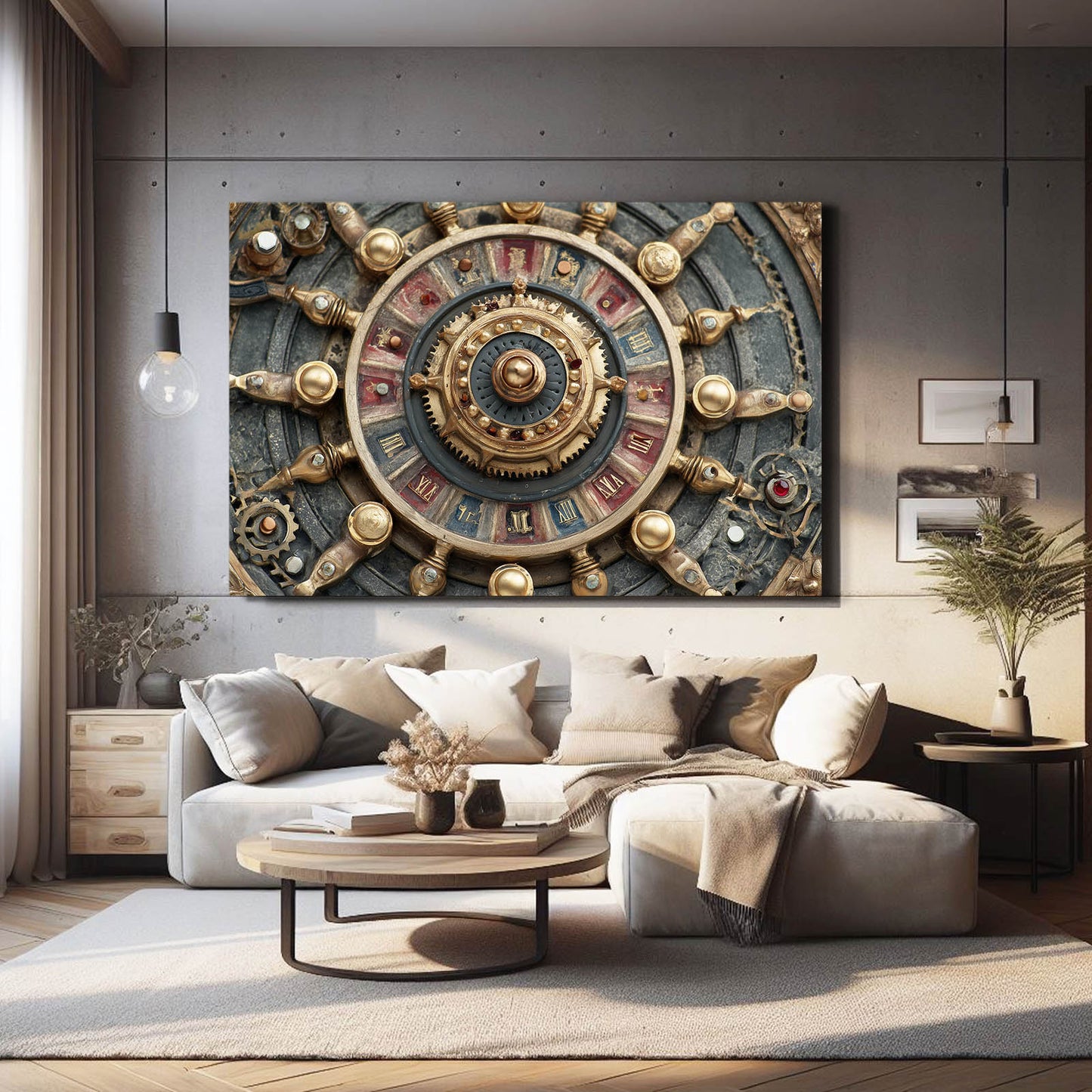 Zodiac Gear Wheel Steampunk Canvas Art – styled in a furnished interior