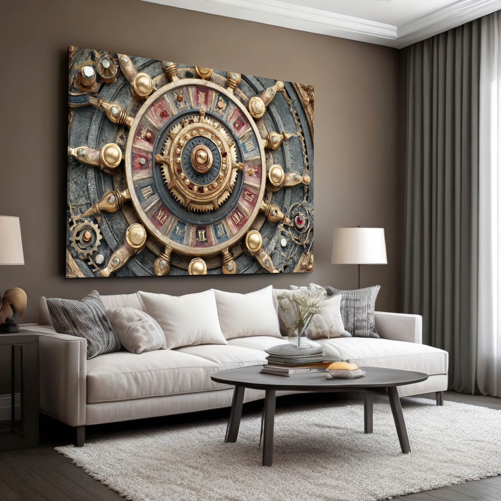 Zodiac Gear Wheel Steampunk Canvas Art – styled in a furnished interior