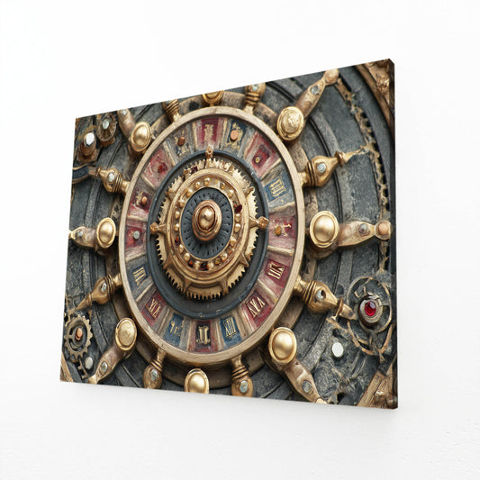 Zodiac Gear Wheel Steampunk Canvas Art – angled canvas view on white background