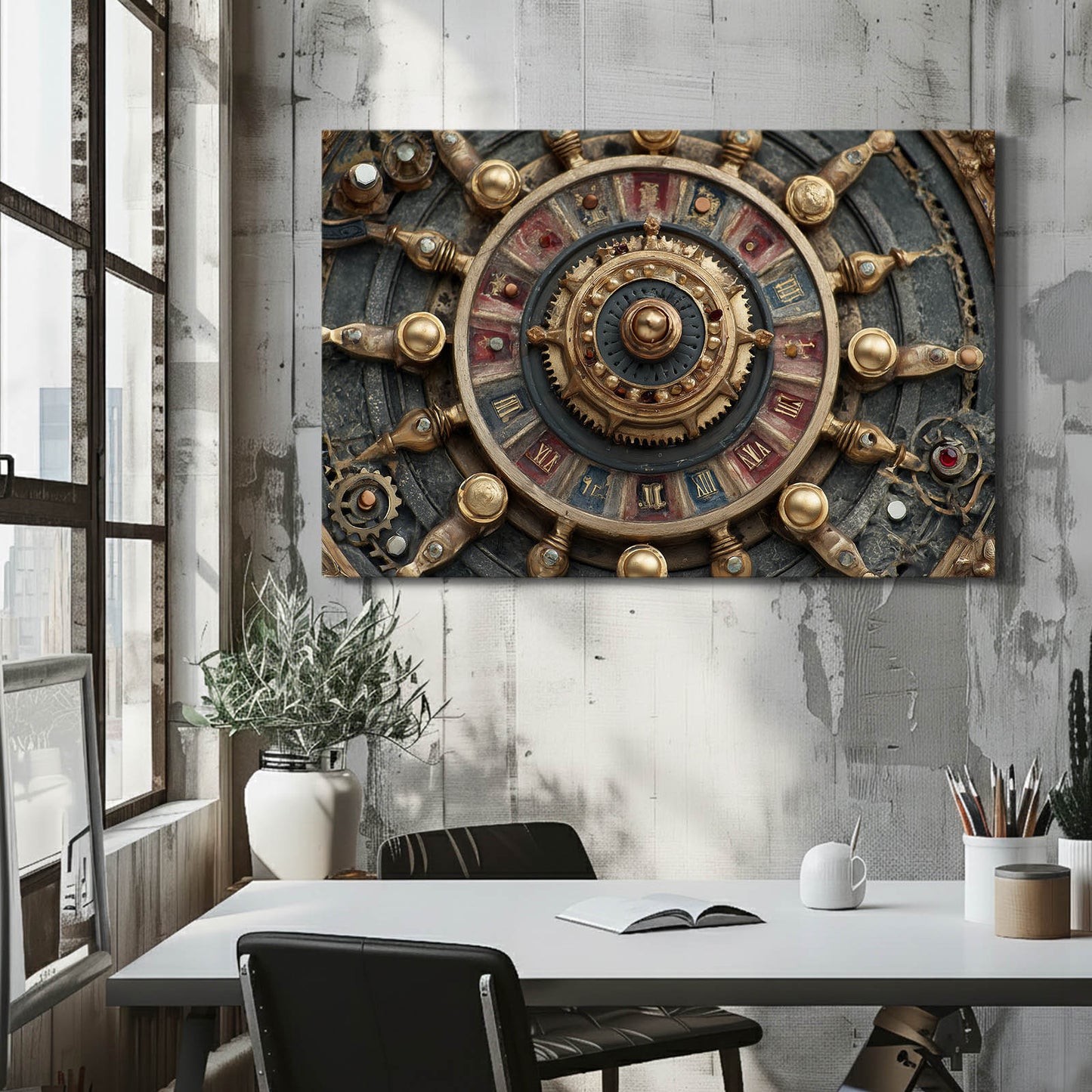 Zodiac Gear Wheel Steampunk Canvas Art – styled in a furnished interior