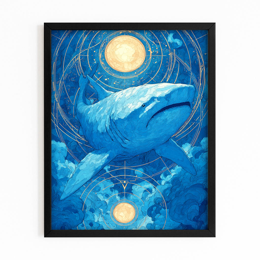 Zodiac Moon Navy Shark Art – with Premium Black frame on white background