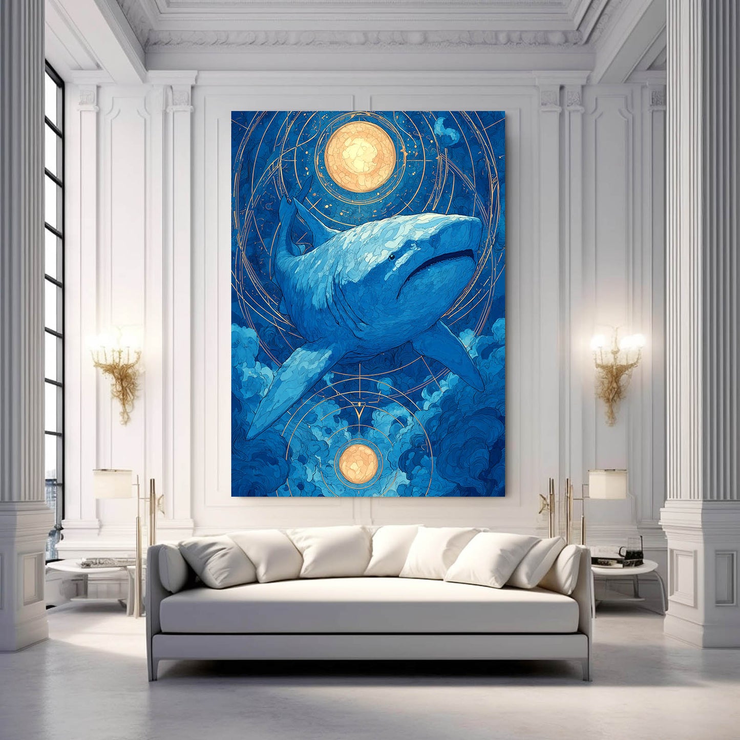 Zodiac Moon Navy Shark Art – styled in a furnished interior