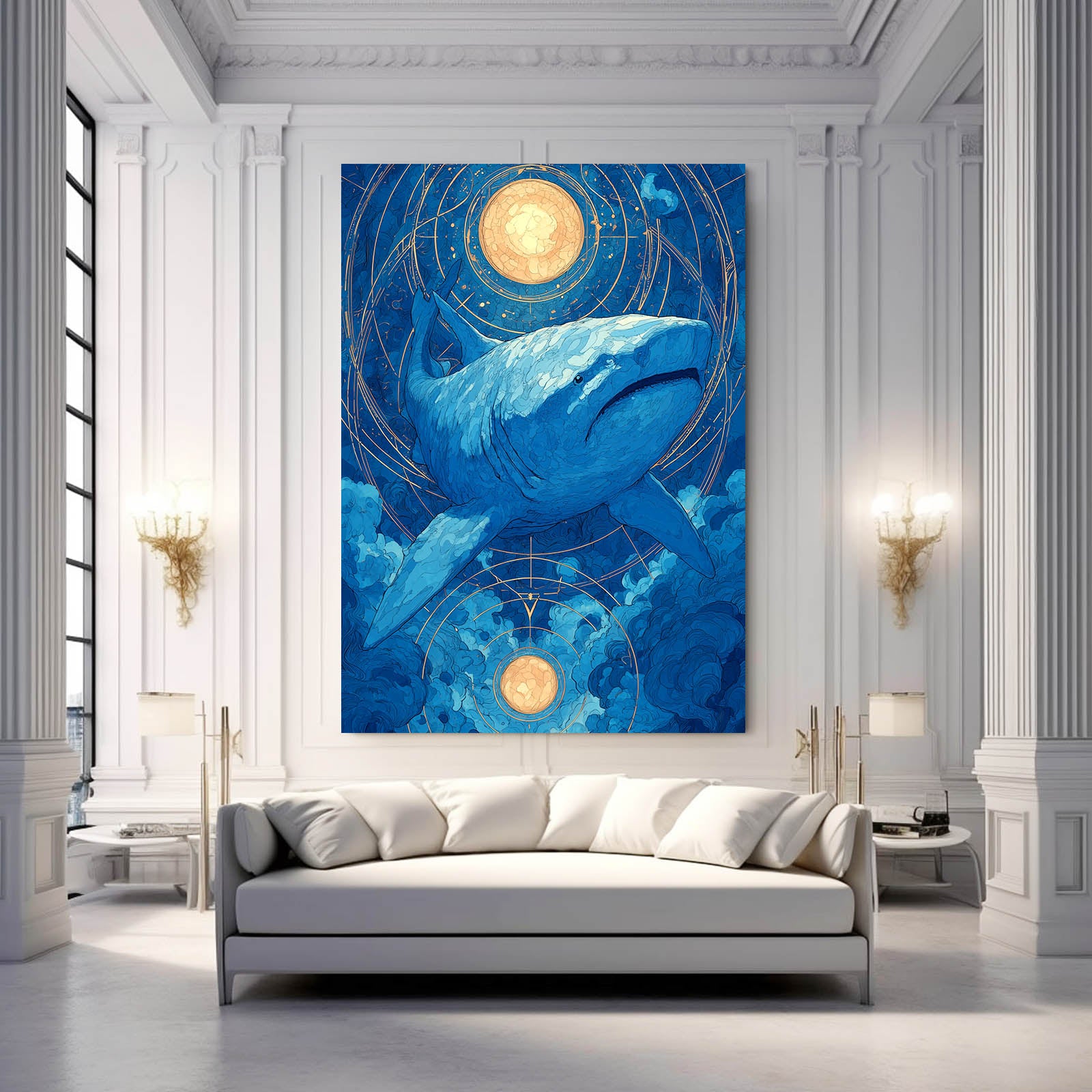Zodiac Moon Navy Shark Art – styled in a furnished interior