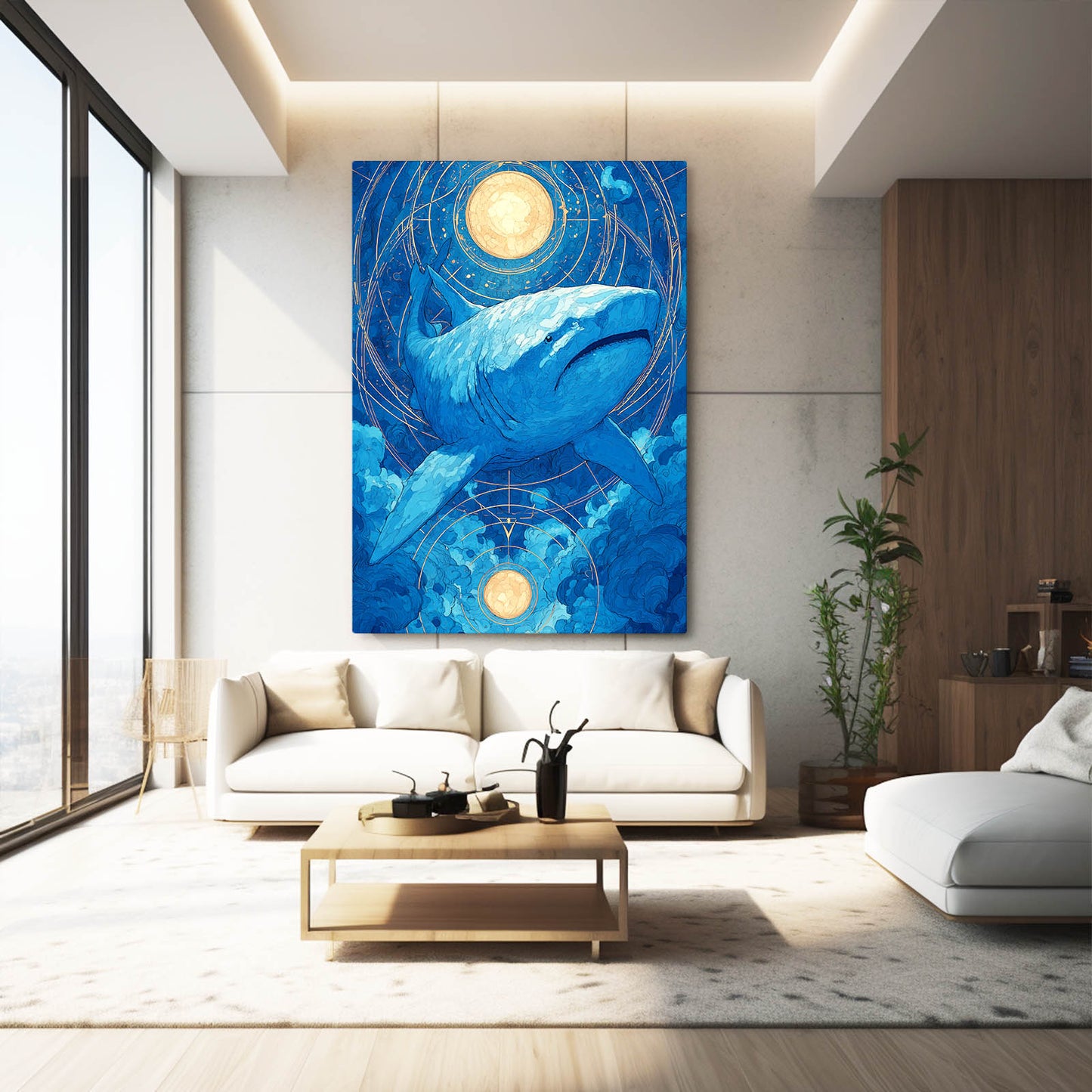 Zodiac Moon Navy Shark Art – styled in a furnished interior