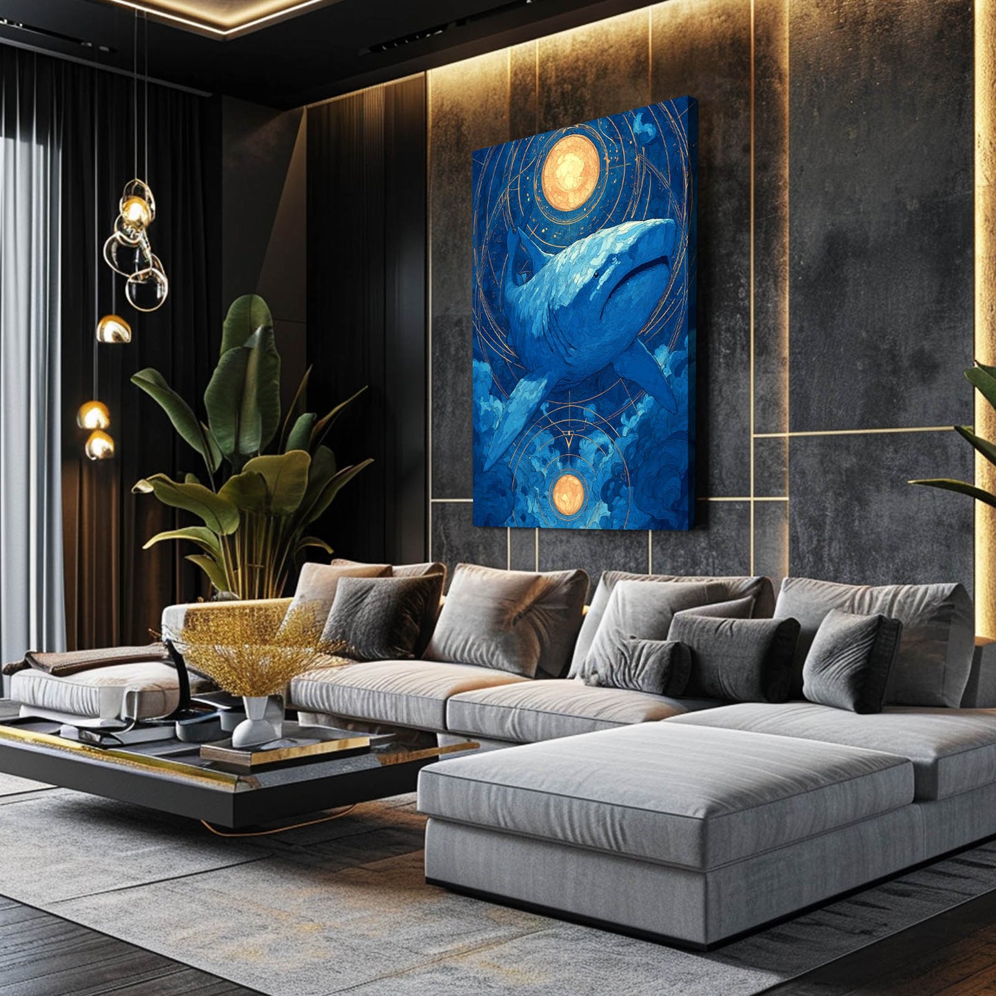 Zodiac Moon Navy Shark Art – styled in a furnished interior