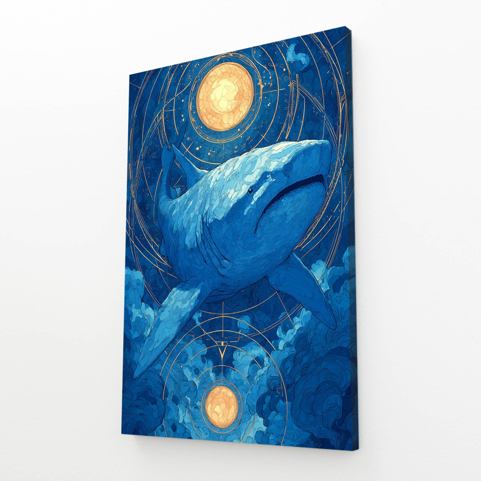 Zodiac Moon Navy Shark Art – angled canvas view on white background