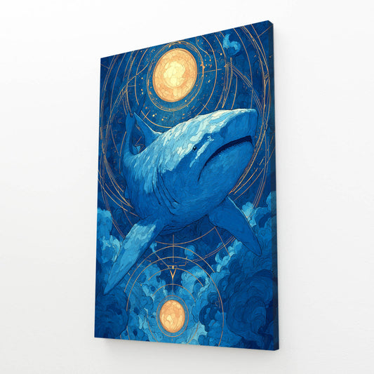 Zodiac Moon Navy Shark Art – angled canvas view on white background