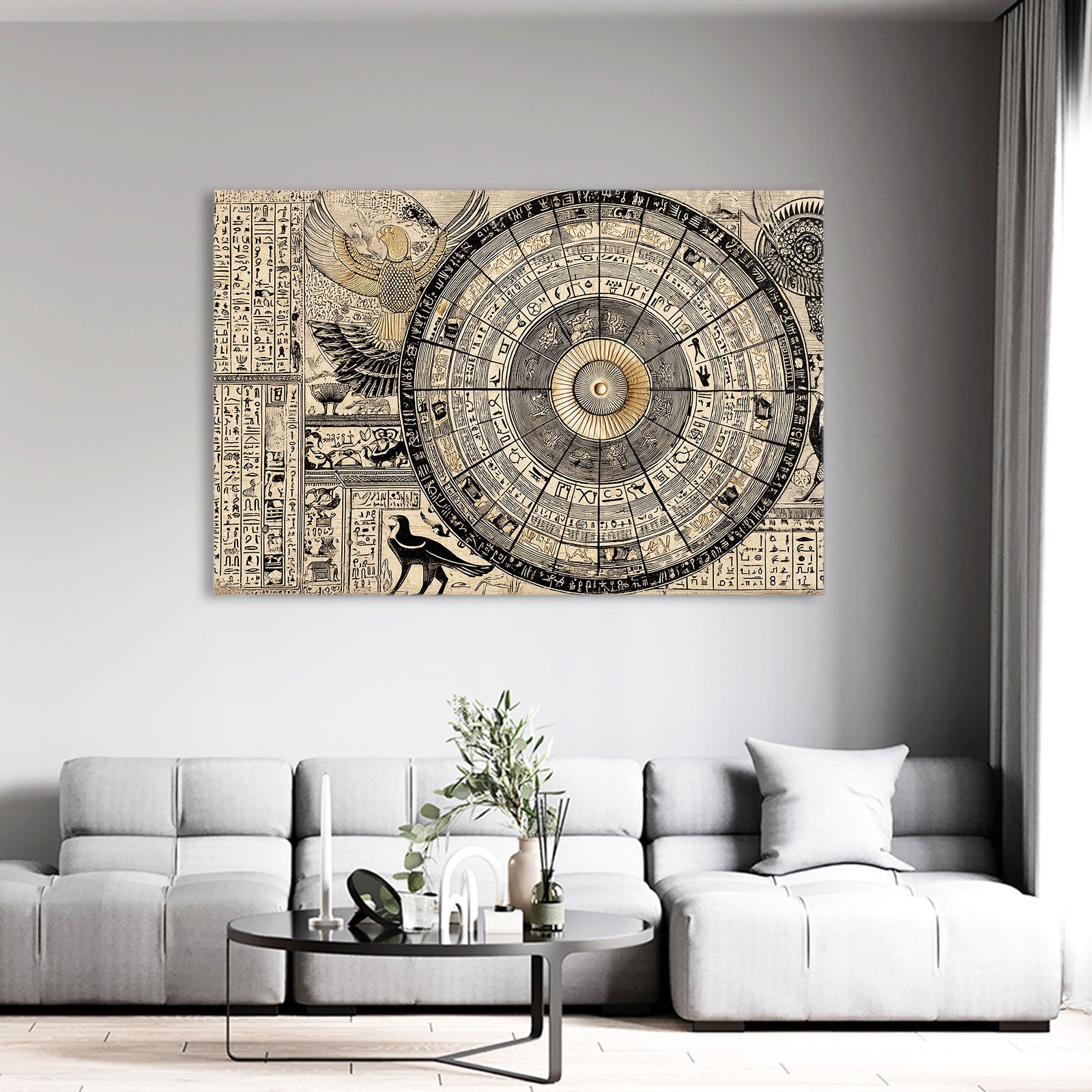 Zodiac Stone Chart Egyptian Prints – styled in a furnished interior